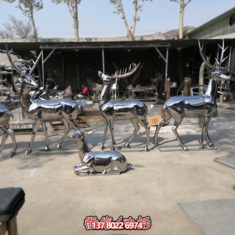 戶外廣場(chǎng)大型不銹鋼鏡面梅花鹿雕塑