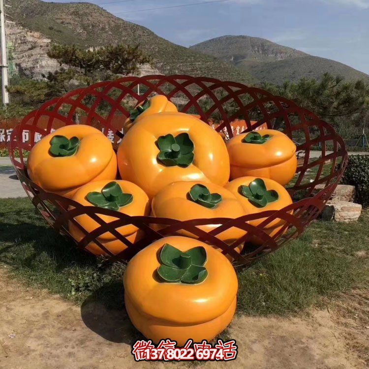 農場采摘園擺放玻璃鋼仿真水果柿子水果籃