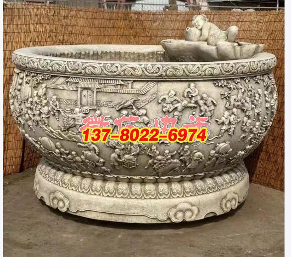 百子嬉戲圖?中式石雕魚缸景觀雕塑